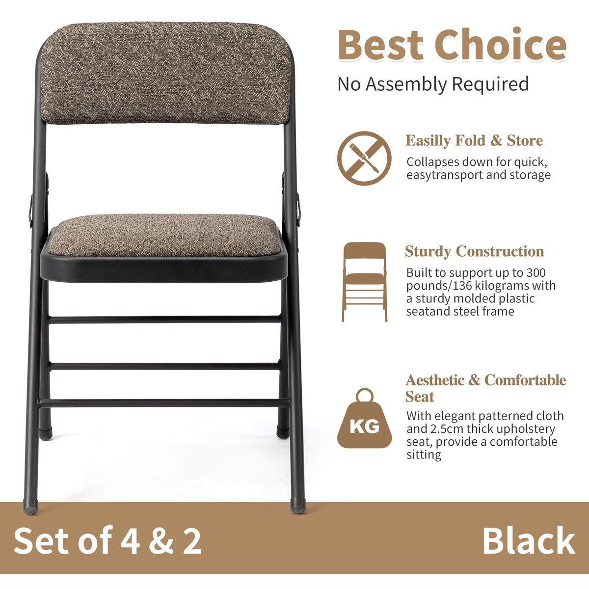 FREE Delivery Styleaway 2pcs Black Patterned Padded Folding Chairs, for Home, Conference Event Chairs with Soft Seat (46*48*76cm), Frosted Iron Frame