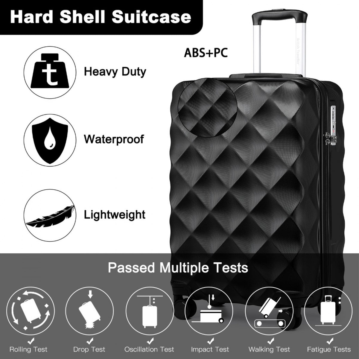 FREE UK Delivery 3-5 days British Traveller 24 Inch Ultralight ABS And Polycarbonate Bumpy Diamond Suitcase With TSA Lock- All colours - 3yr Warranty