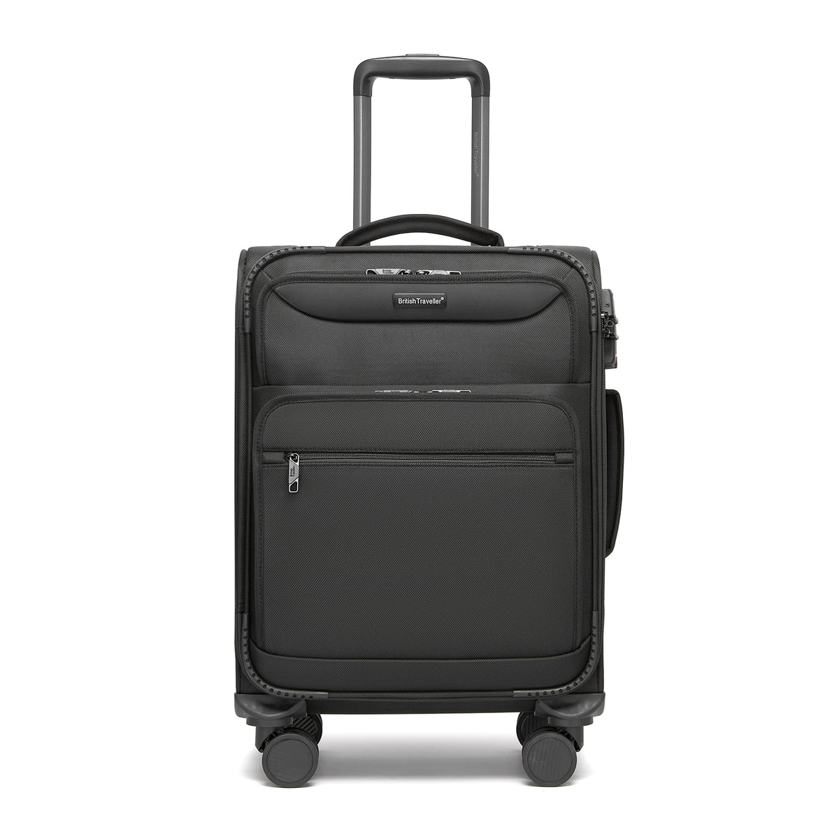FREE UK Delivery 3-5 days British Traveller 20-Inch Durable Softshell Suitcase with Front Laptop Compartment, TSA Lock & Silent Spinner Wheels - Black - 3yr Warranty