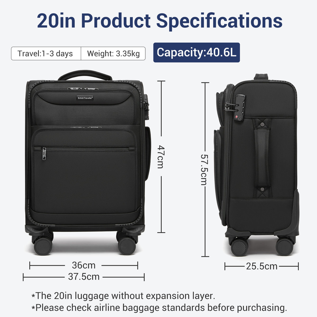 FREE UK Delivery 3-5 days British Traveller 20-Inch Durable Softshell Suitcase with Front Laptop Compartment, TSA Lock & Silent Spinner Wheels - Black - 3yr Warranty