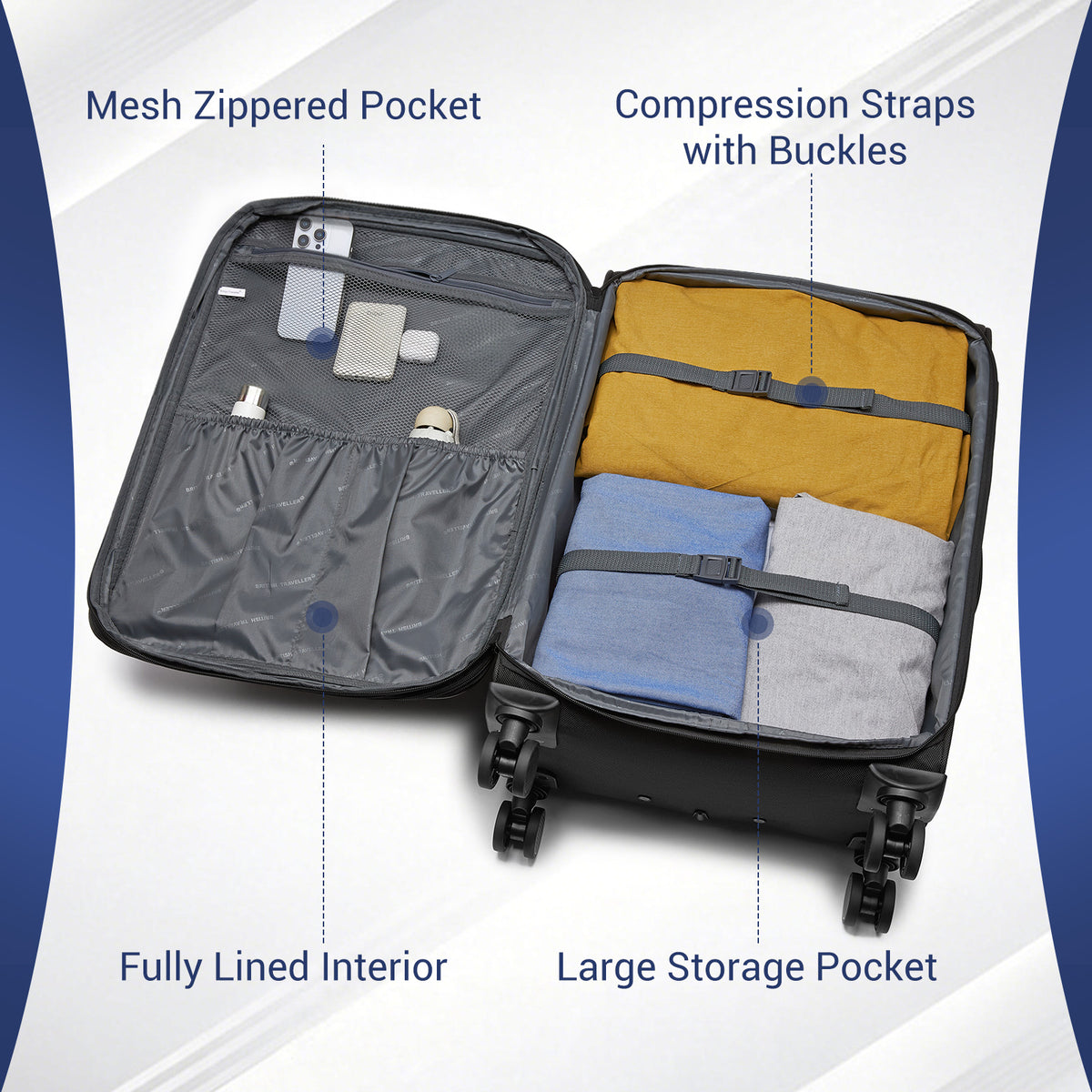 FREE UK Delivery 3-5 days British Traveller 20-Inch Durable Softshell Suitcase with Front Laptop Compartment, TSA Lock & Silent Spinner Wheels - Black - 3yr Warranty