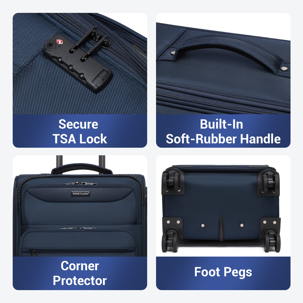 FREE UK Delivery 3-5 days British Traveller 20-Inch Durable Softshell Suitcase with Front Laptop Compartment, TSA Lock & Silent Spinner Wheels - Black - 3yr Warranty