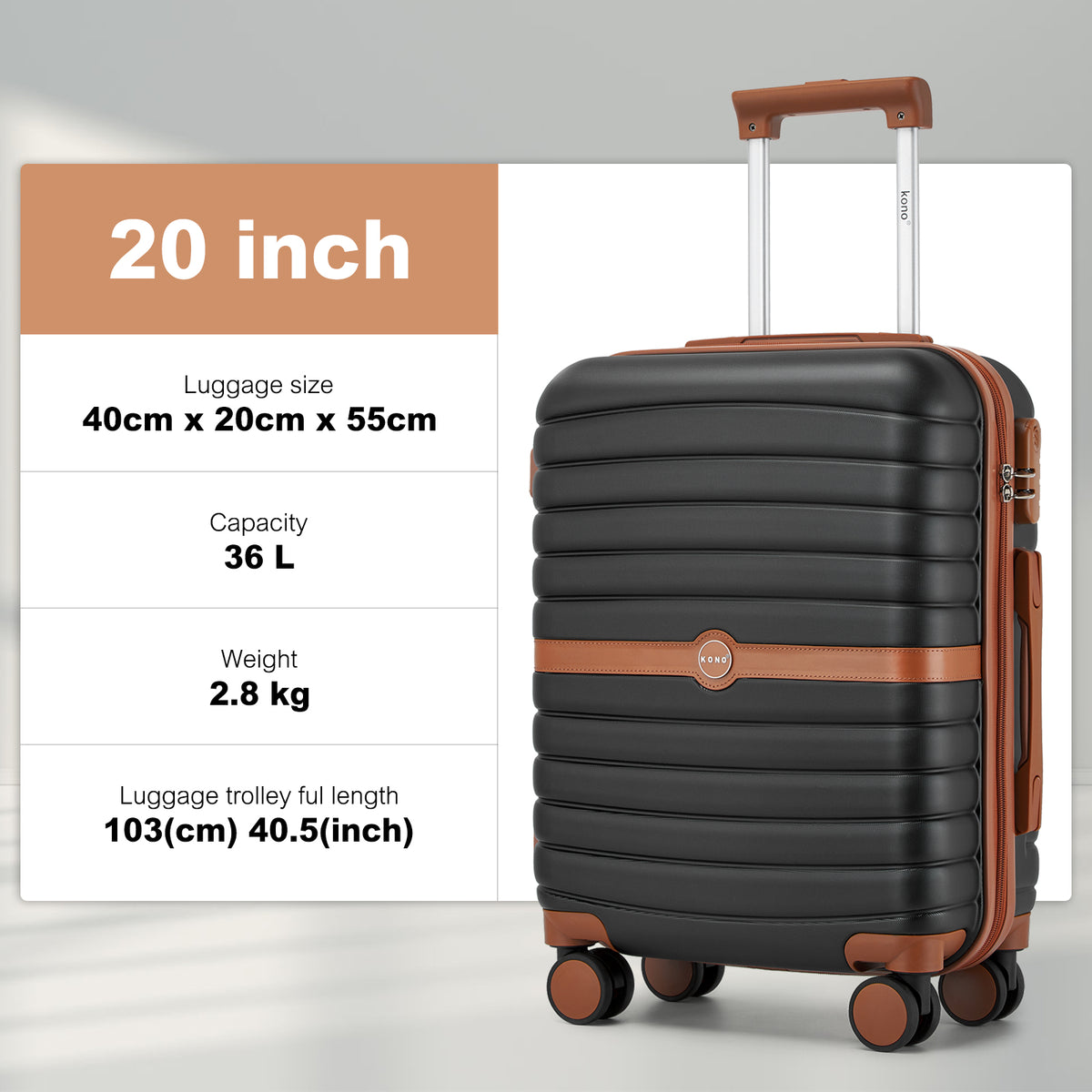 FREE UK Delivery  3-5 days -  Kono 20 Inch ABS+PC Cabin Suitcase with Travel Bag, Carry‑On Luggage Set - All colours- 3yr Warranty