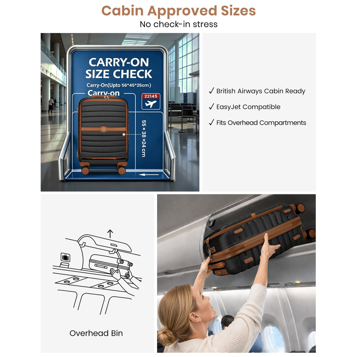 FREE UK Delivery 3-5 days Kono 21-Inch Front-Opening Cabin Suitcase with 15.6-Inch Laptop Compartment -All colours - 3yr Warranty