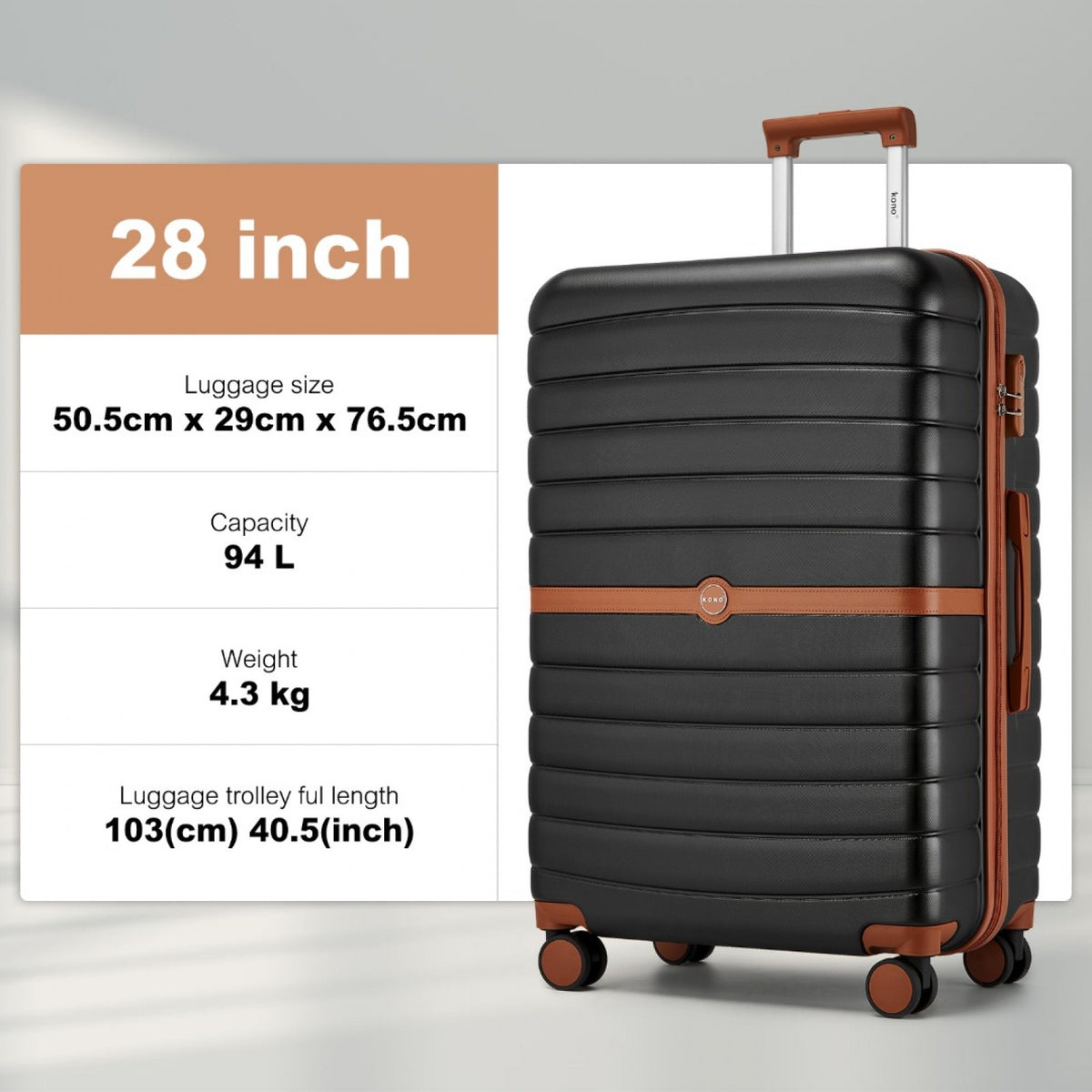 FREE UK Delivery 3-5 days Kono ABS+PC 28-Inch Striped Design with Colour-Block Details Carry-On Cabin Suitcase with Silent Spinner Wheels - All colours - 3yr Warranty