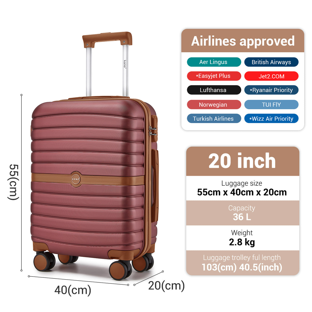 FREE UK Delivery 3-5 days Kono ABS+PC 20-Inch Striped Design with Colour-Block Details Carry-On Cabin Suitcase with Silent Spinner Wheels - All colours - 3yr Warranty