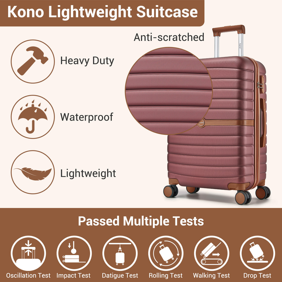 FREE UK Delivery 3-5 days Kono ABS+PC 28-Inch Striped Design with Colour-Block Details Carry-On Cabin Suitcase with Silent Spinner Wheels - All colours - 3yr Warranty