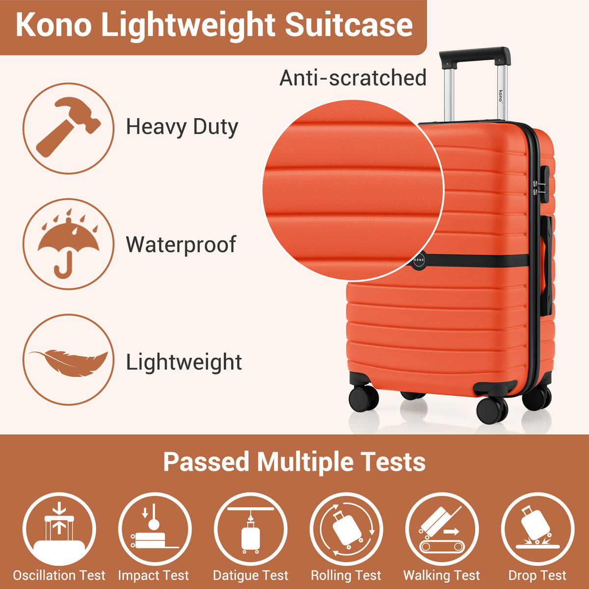 FREE UK Delivery 3-5 days Kono ABS+PC 20-Inch Striped Design with Colour-Block Details Carry-On Cabin Suitcase with Silent Spinner Wheels - All colours - 3yr Warranty